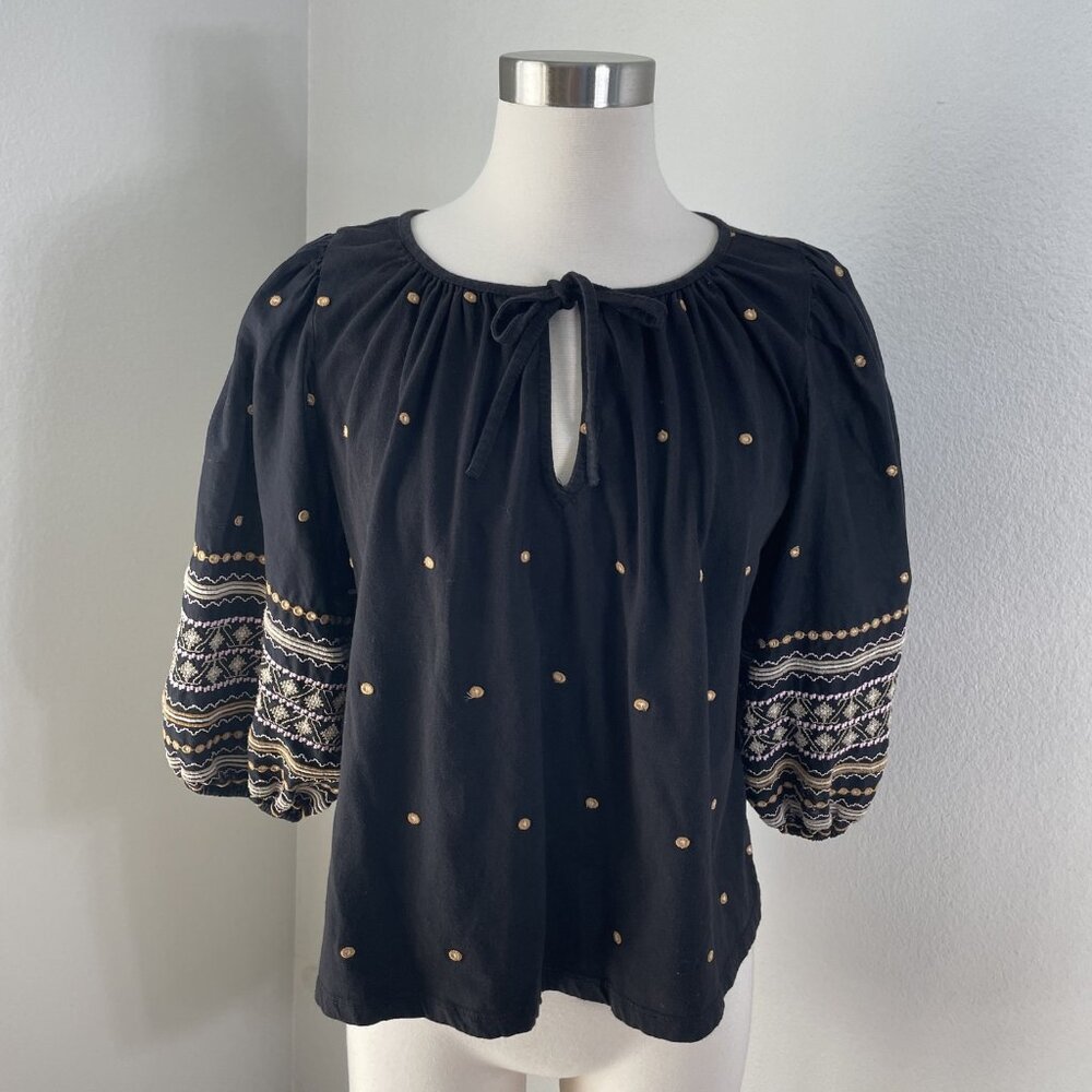 Pilcro‎ Blouse Womens Medium Black Embroidered Peasant Boho Top Long Sleeve MP